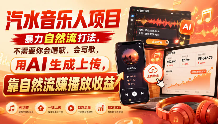 汽水音乐人项目,暴力自然流打法,不需要你会唱歌、会写歌,用AI生成上传,靠自然流賺播放收益-旺仔资源库