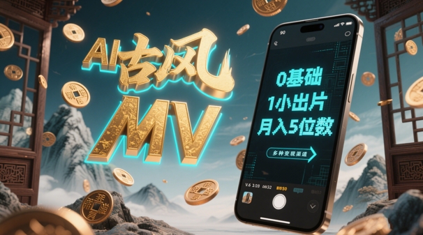 AI一键生成古风音乐MV，0剪辑基础1小时出片，多种变现渠道，一部手机月入5位数-旺仔资源库