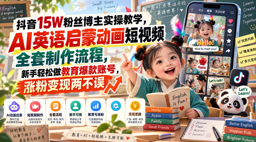 抖音15W粉丝博主实操教学,AI英语启蒙动画短视频全套制作流程,新手轻松做教育爆款账号,涨粉变现两不误-旺仔资源库