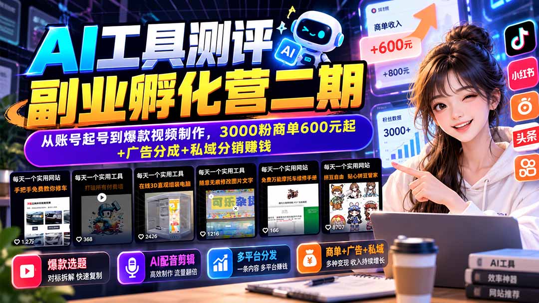 AI工具测评副业孵化营二期:从账号起号到爆款视频制作,3000粉商单600元起+广告分成+私域分销赚钱-旺仔资源库