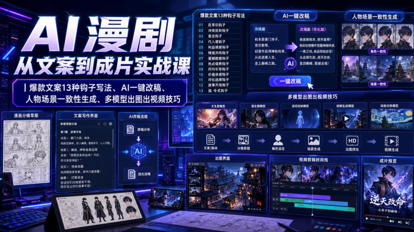 AI漫剧从文案到成片实战课｜爆款文案13种钩子写法、AI一键改稿、人物场景一致性生成、多模型出图出视频技巧-旺仔资源库