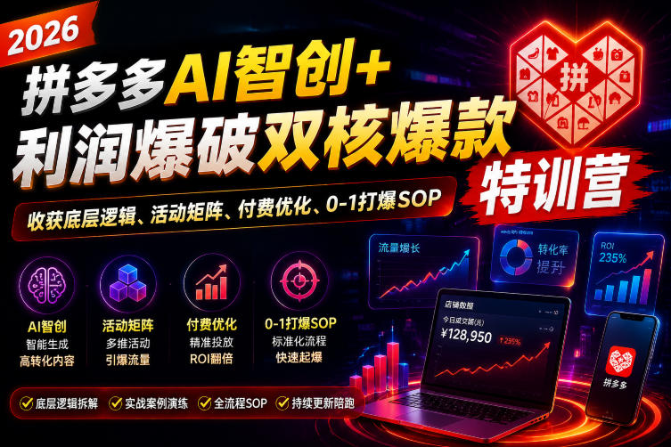 2026拼多多AI智创+利润爆破双核爆款特训营,收获底层逻辑、活动矩阵、付费优化、0-1打爆SOP-旺仔资源库