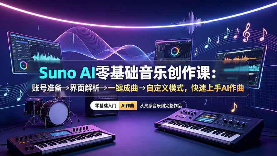 Suno AI零基础音乐创作课：账号准备→界面解析→一键成曲→自定义模式，快速上手AI作曲-旺仔资源库