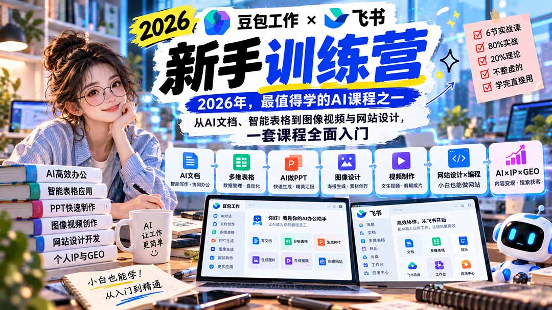 2026豆包工作+飞书新手训练营-9月新课：从AI文档、智能表格到图像视频与网站设计，一套课程全面入门-旺仔资源库