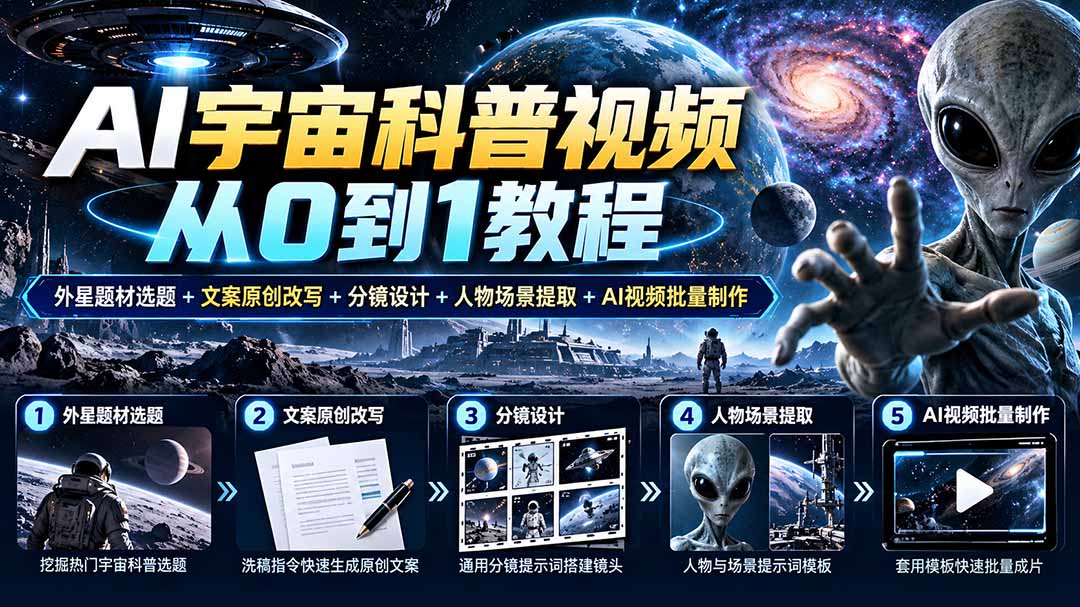 AI宇宙科普视频从0到1教程｜外星题材选题+文案原创改写+分镜设计+人物场景提取+AI视频批量制作-旺仔资源库