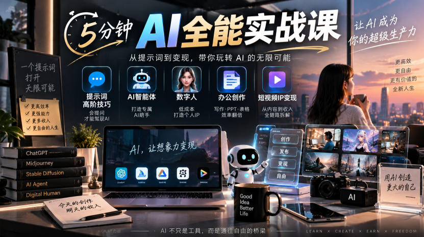 5分钟AI全能实战课|提示词高阶技巧+AI智能体+数字人+办公创作+短视频IP变现全教程-旺仔资源库