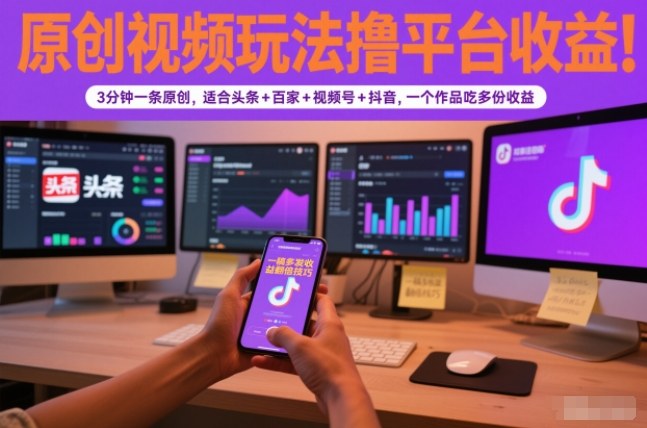 原创视频玩法撸平台收益，3分钟一条原创，适合头条+百家+视频号+抖音，一个作品吃多份收益-旺仔资源库