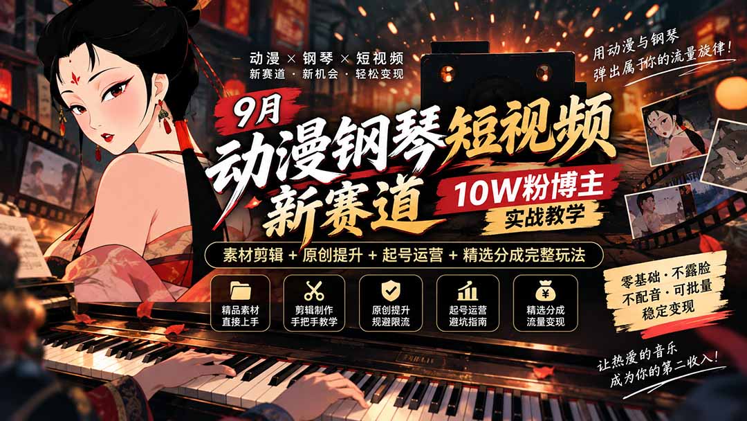 9月动漫钢琴短视频新赛道｜10W粉博主实战教学，素材剪辑+原创提升+起号运营+精选分成完整玩法-旺仔资源库
