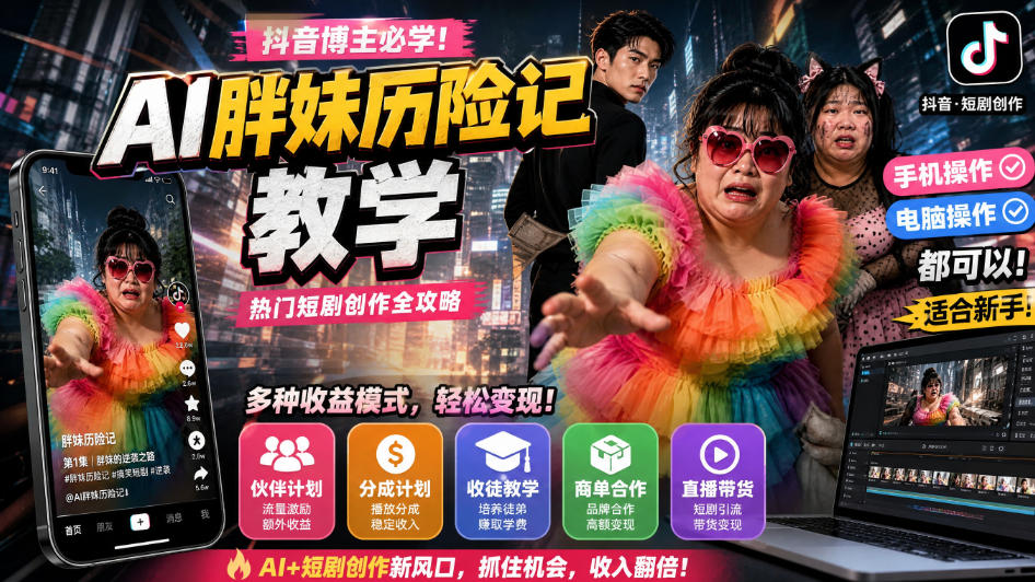 抖音博主的AI胖妹历险记教学，伙伴计划+分成计划+收徒+商单等多种收益，适合新手，手机电脑都可以操作-旺仔资源库