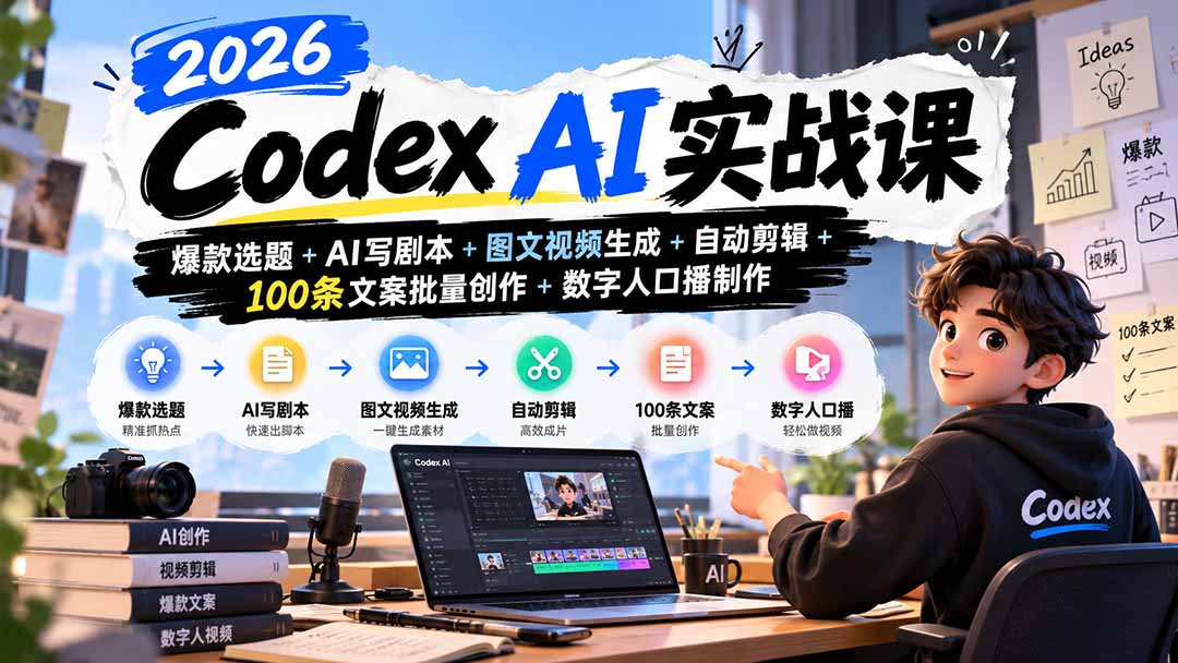 2026Codex AI实战课:爆款选题+AI写剧本+图文视频生成+自动剪辑+100条文案批量创作+数字人口播制作-旺仔资源库