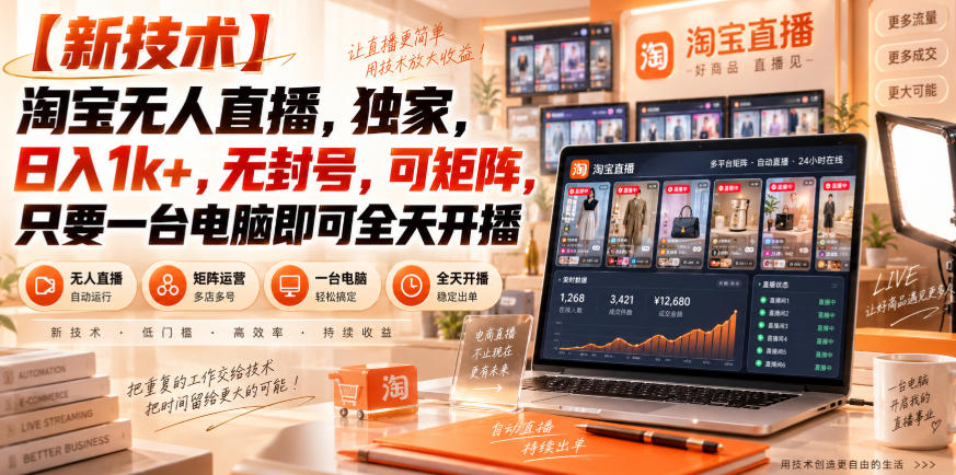 【独家新技术】淘宝无人直播,日入1k+,无封号,可矩阵,只要一台电脑即可全天开播【揭秘】-旺仔资源库