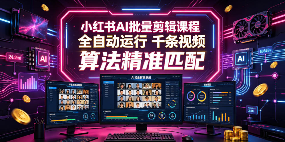 小红书AI批量剪辑课程,24小时全自动运行,解放双手专注运营,千条视频批量处理,小红书算法精准匹配-旺仔资源库