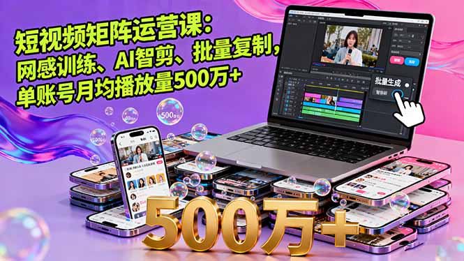 短视频矩阵运营课：网感训练、AI智剪、批量复制，单账号月均播放量500万+-旺仔资源库