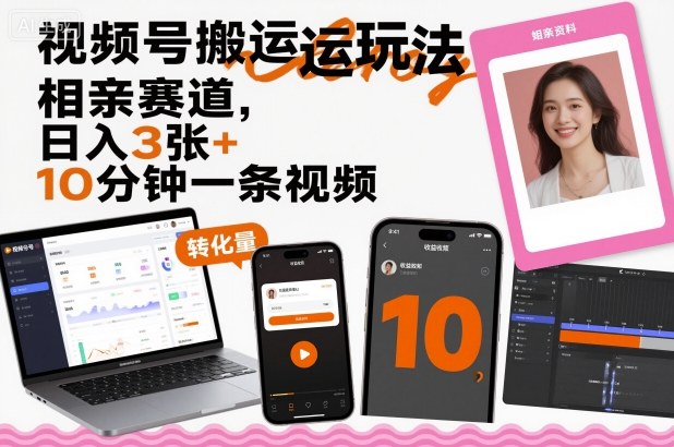 视频号搬运玩法，相亲赛道，日入3张+，10分钟一条视频-旺仔资源库