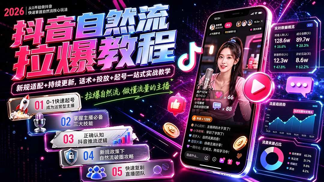 抖音自然流拉爆教程-更新7月：做懂流量的主播，新规适配+持续更新，话术+投放+起号一站式实战教学-旺仔资源库