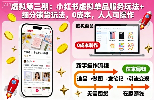 虚拟第三期:小红书虚拟单品服务玩法+细分铺货玩法,0成本,人人可操作-旺仔资源库