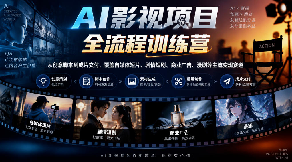 AI影视项目全流程训练营,从创意脚本到成片交付,覆盖自媒体短片、剧情短剧、商业广告、漫剧等主流变现赛道-旺仔资源库