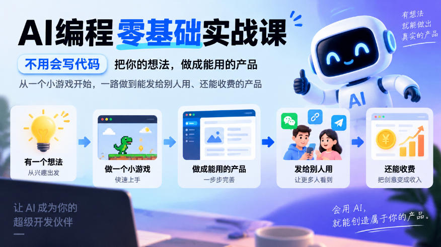 AI编程零基础实战课,不用会写代码,把你的想法,做成能用的产品,从一个小游戏开始,一路做到能发给别人用、还能收费的产品-旺仔资源库