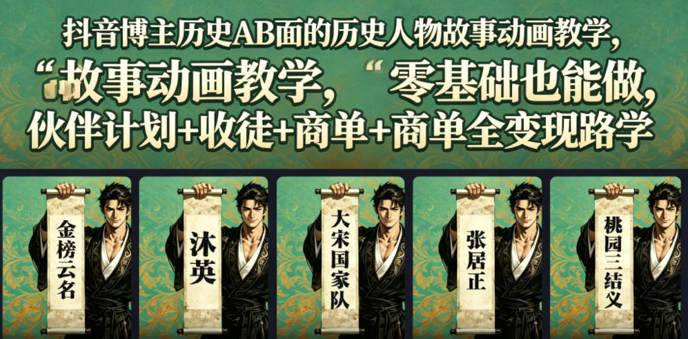 抖音博主历史AB面的历史人物故事动画教学,零基础也能做,伙伴计划+收徒+商单全变现路径教学-旺仔资源库