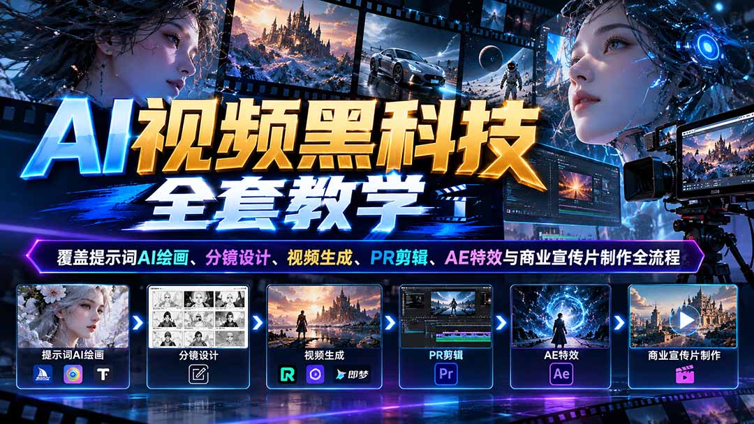 AI视频黑科技全套教学:覆盖提示词AI绘画、分镜设计、视频生成、PR剪辑、AE特效与商业宣传片制作全流程-旺仔资源库