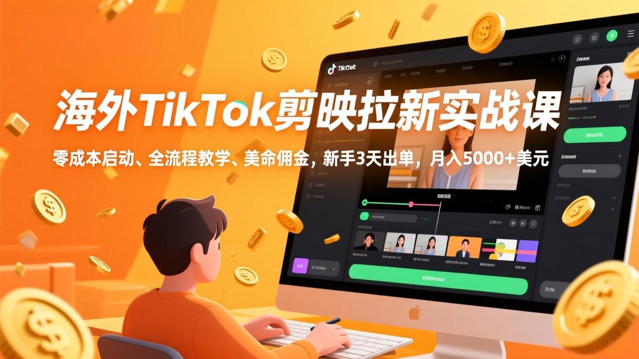 海外TikTok剪映拉新实战课，零成本启动、全流程教学、美金佣金，新手3天出单，月入5000+美元-旺仔资源库
