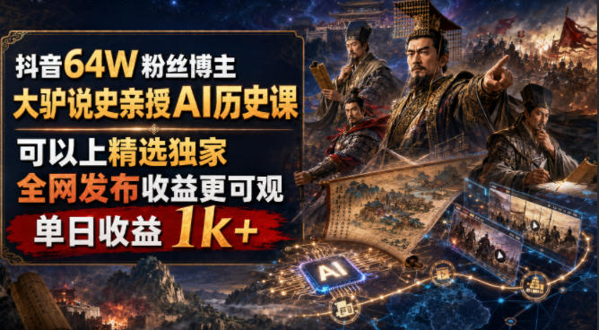 抖音64W粉丝博主大驴说史亲授AI历史课,可以上精选独家,全网发布收益更可观,单日收益1k+(更新)-旺仔资源库