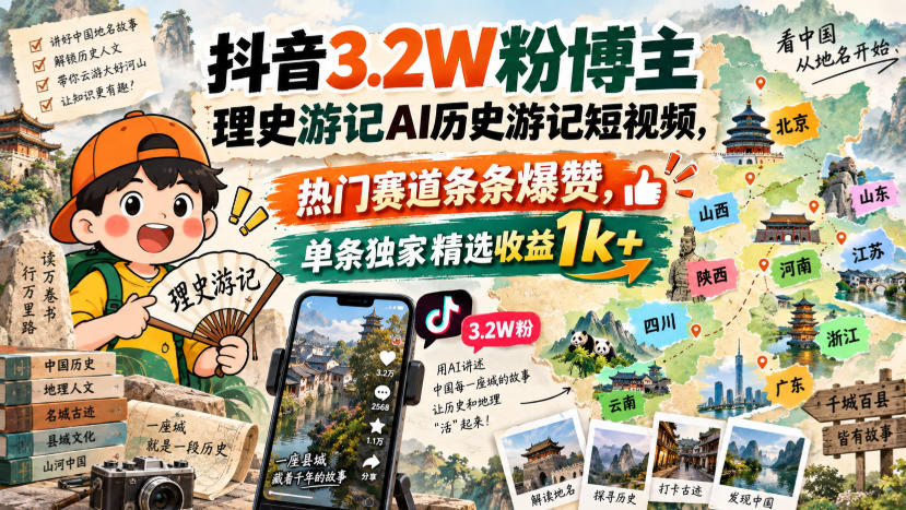 抖音3.2W粉博主理史游记AI历史游记短视频教学，热门赛道条条爆赞，单条独家精选收益1k+-旺仔资源库