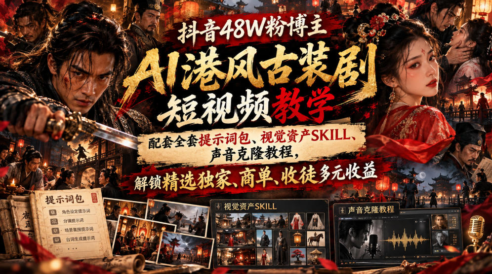抖音48W粉博主AI港风古装剧短视频教学，配套全套提示词包、视觉资产SKILL、声音克隆教程，解锁精选独家、商单、收徒多元收益-旺仔资源库
