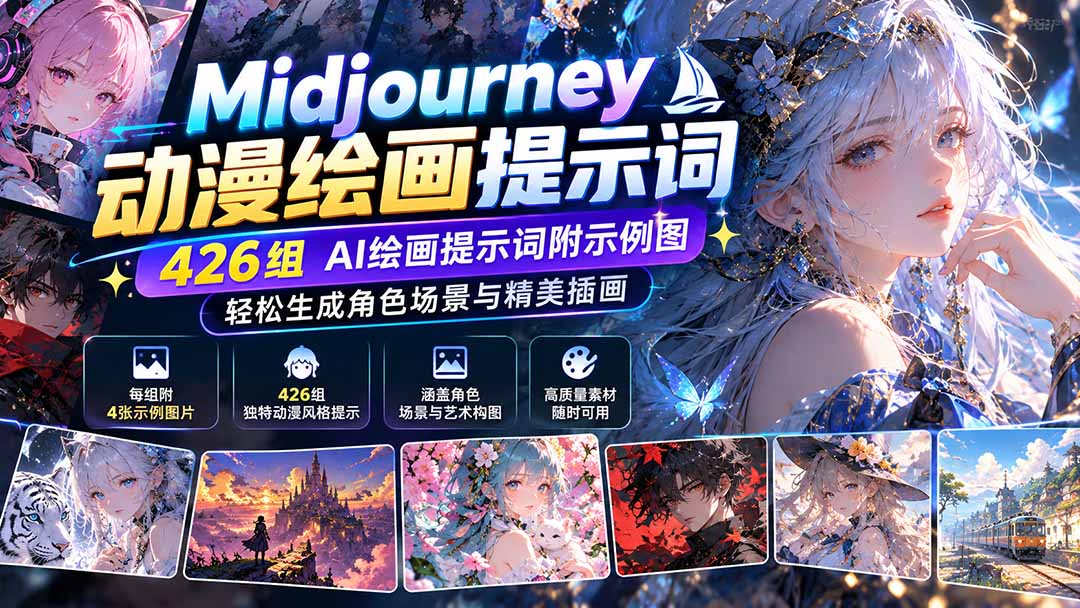 Midjourney动漫绘画提示词:426组AI绘画提示词附示例图,轻松生成角色场景与精美插画-旺仔资源库
