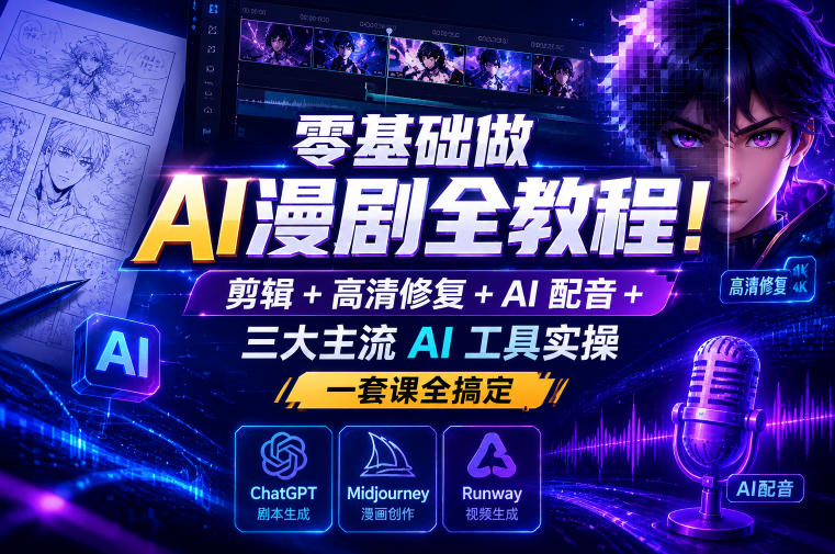 零基础做AI漫剧全教程!剪辑+高清修复+AI配音+三大主流AI工具实操,一套课全搞定-旺仔资源库