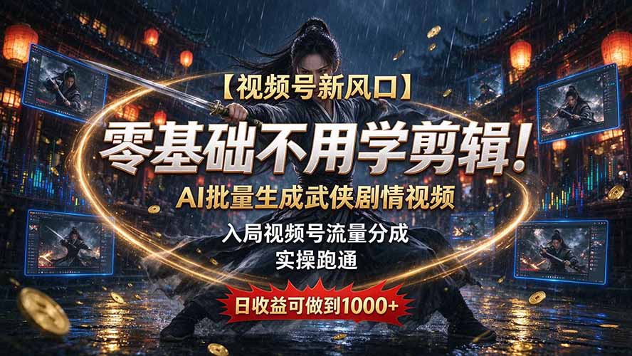 【视频号新风口】零基础不用学剪辑!AI 批量生成武侠剧情视频,入局视频号流量分成,实操跑通,日收益可做到 1000+-旺仔资源库