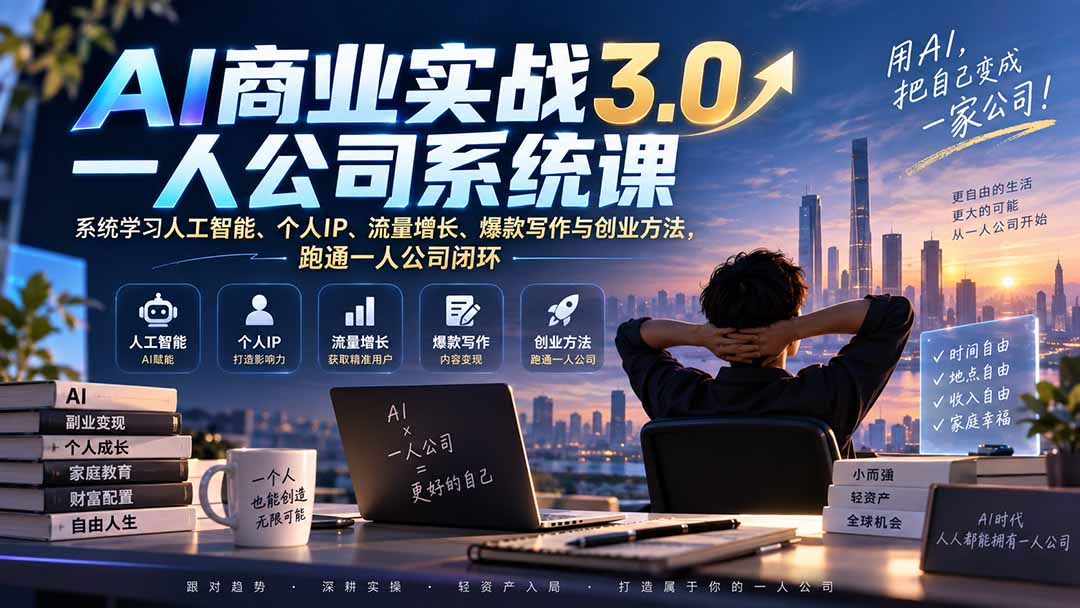 AI商业实战3.0一人公司系统课：系统学习人工智能、个人IP、流量增长、爆款写作与创业方法，跑通一人公司闭环-旺仔资源库