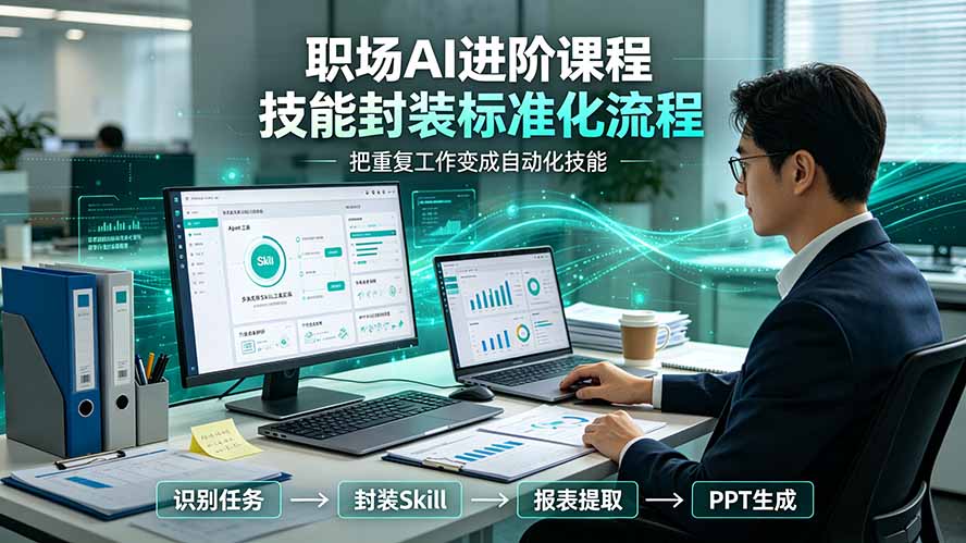 职场AI进阶课程;多类实用Skill工具实操,专属技能封装标准化流程,报表行业报告一键提取核心内容-旺仔资源库