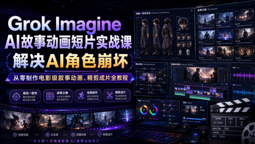 Grok Imagine AI故事动画短片实战课｜解决AI角色崩坏，从零制作电影级叙事动画、精剪成片全教程(中英字幕)-旺仔资源库
