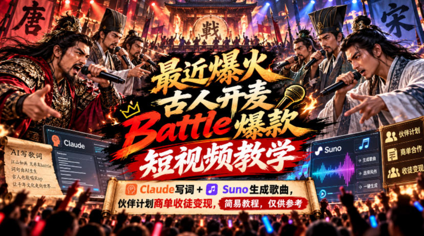 最近爆火古人开麦Battle爆款短视频教学,Claude写词+Suno生成歌曲,伙伴计划商单收徒变现,简易教程,仅供参考-旺仔资源库