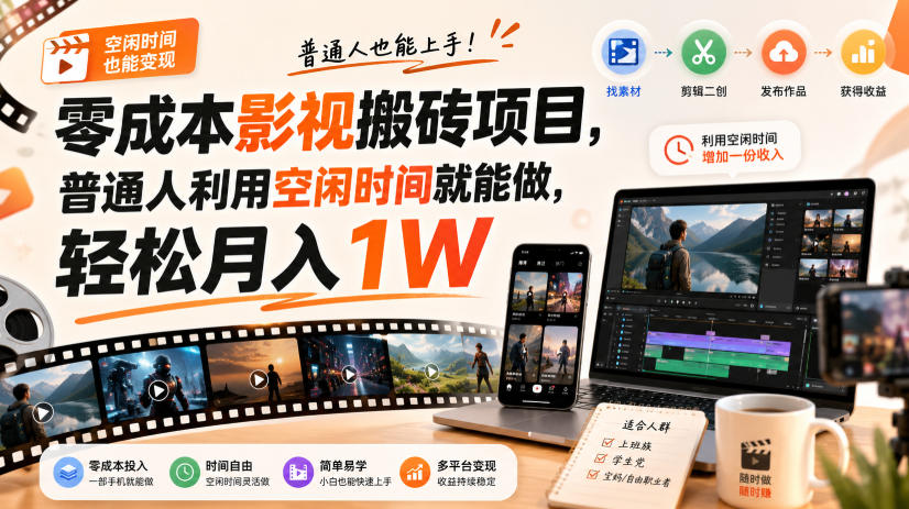 零门槛影视搬砖项目，月入万元，玩法稳定普通人可落地的长期副业！-旺仔资源库