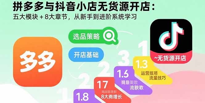 拼多多与抖音小店无货源开店：五大模块+8大章节，从新手到进阶系统学习-旺仔资源库