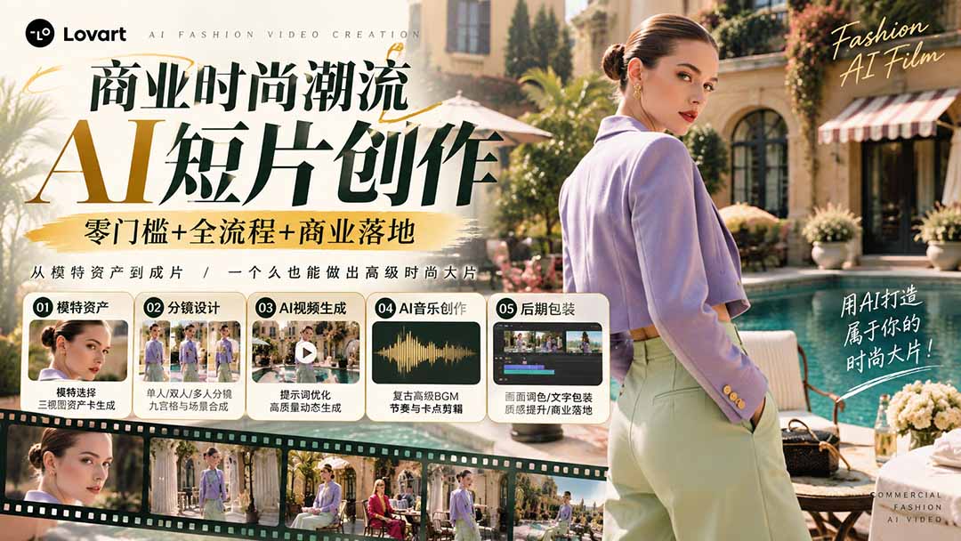 从一张模特图到高级时尚广告大片:AI三视图资产、场景合成、电影分镜、动态生成与复古音乐剪辑实战课-旺仔资源库