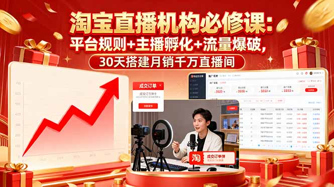 淘宝直播机构必修课:平台规则/主播孵化/流量爆破,30天搭建月销千万直播间-旺仔资源库