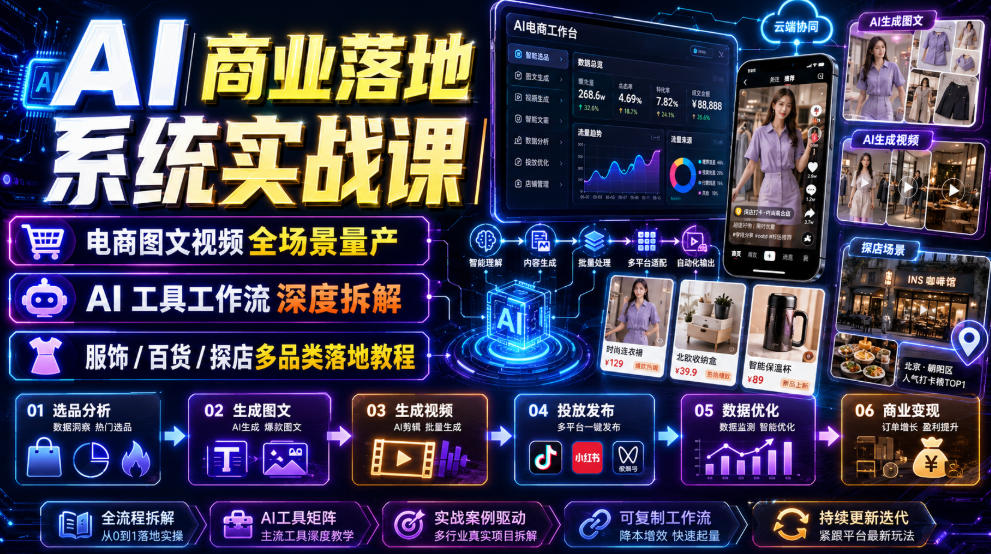 AI商业落地系统实战课|电商图文视频全场景量产・AI工具工作流深度拆解・服饰/百货/探店多品类落地教程-旺仔资源库