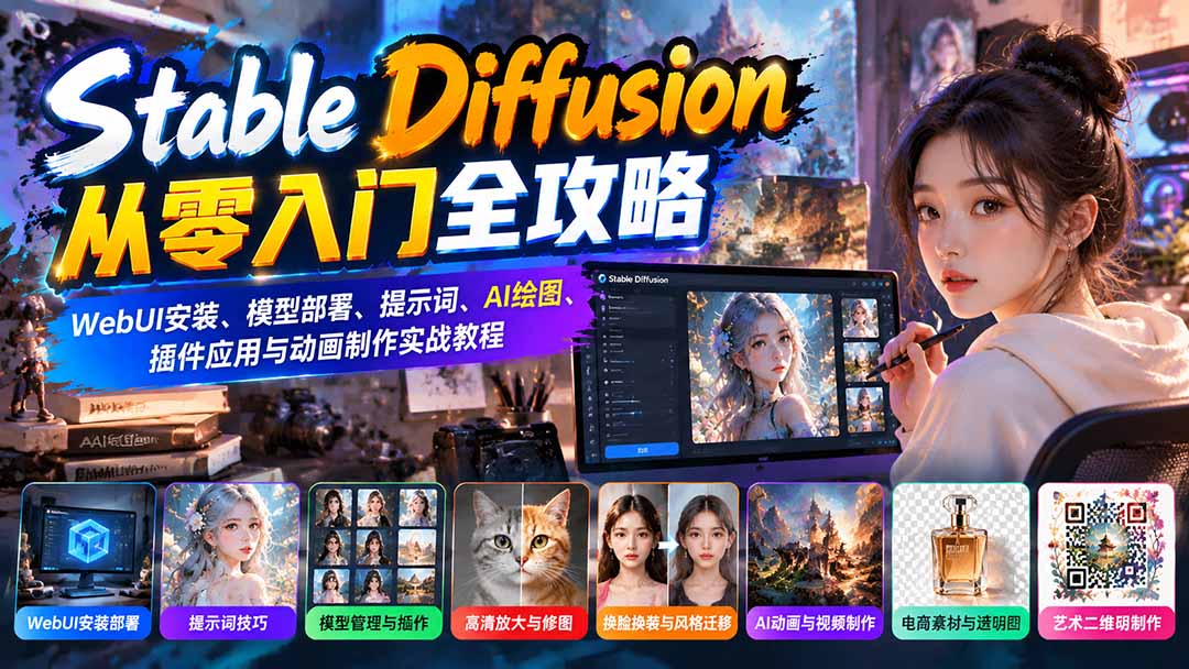 Stable Diffusion从零入门全攻略：WebUI安装、模型部署、提示词、AI绘图、插件应用与动画制作实战教程-旺仔资源库