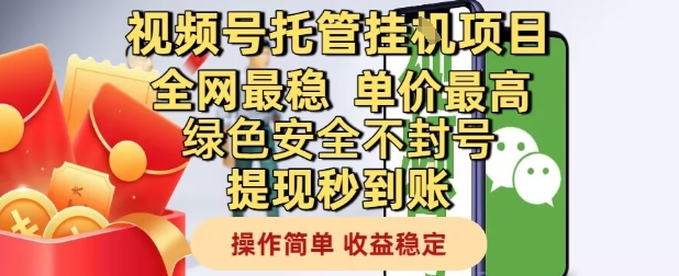 视频号托管挂G项目全网最稳，单价最高，绿色安全不封号提现秒到账，操作简单，收益稳定【揭秘】-旺仔资源库