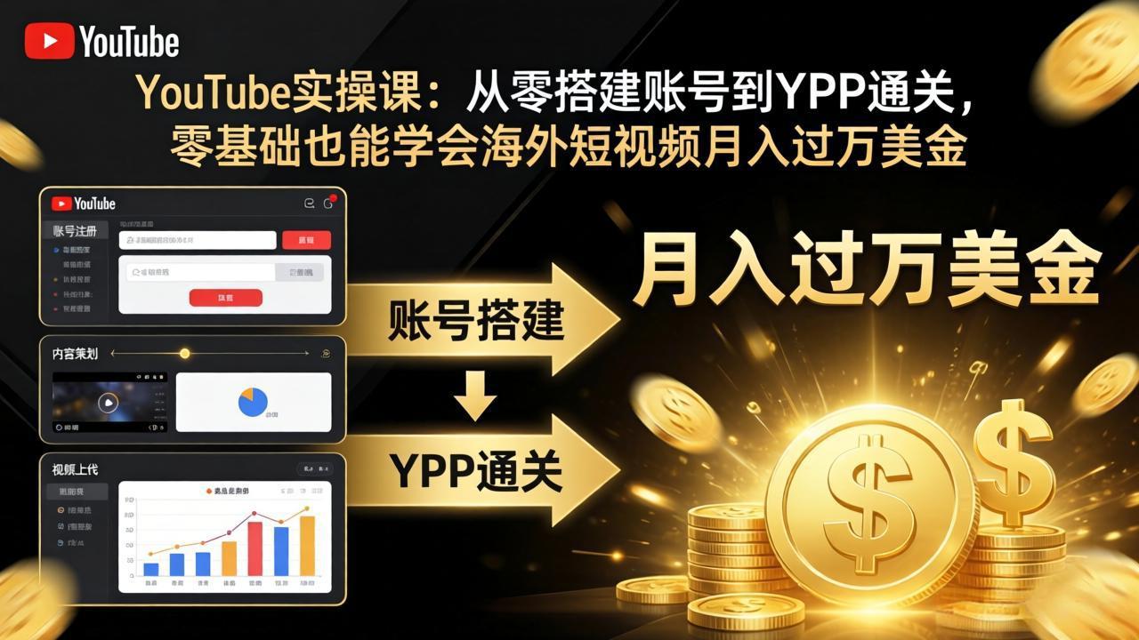 YouTube实操课：从零搭建账号到YPP通关，零基础也能学会海外短视频月入过万美金-旺仔资源库