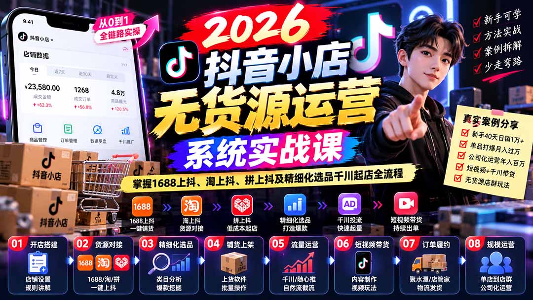 【无水印】2026抖音小店无货源运营系统实战课：掌握1688上抖、淘上抖、拼上抖及精细化选品千川起店全流程-旺仔资源库