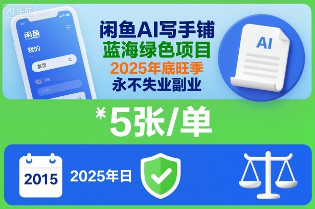 闲鱼AI写手铺，蓝海绿色项目，一单5张，2025年底旺季，永不失业副业-旺仔资源库