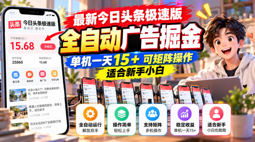 最新今日头条极速版全自动广告掘金,单机一天15+可矩阵操作适合新手小白-旺仔资源库