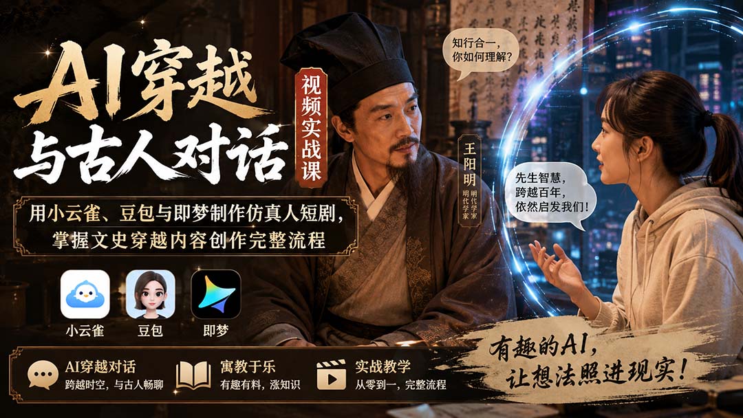 AI穿越与古人对话视频实战课：用小云雀、豆包与即梦制作仿真人短剧，掌握文史穿越内容创作完整流程-旺仔资源库