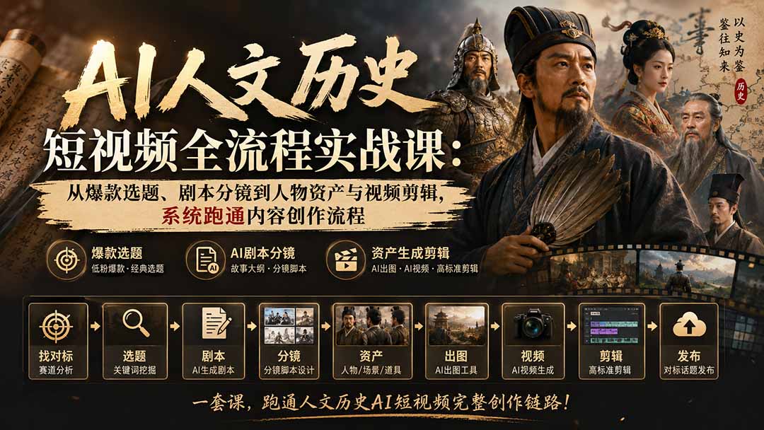 AI人文历史短视频全流程实战课-更新：从爆款选题、剧本分镜到人物资产与视频剪辑，系统跑通内容创作流程-旺仔资源库