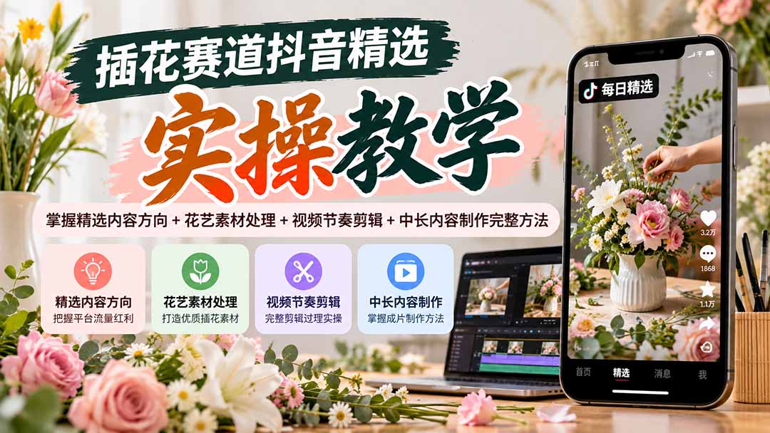 插花赛道抖音精选实操教学：掌握精选内容方向+花艺素材处理+视频节奏剪辑+中长内容制作完整方法-旺仔资源库