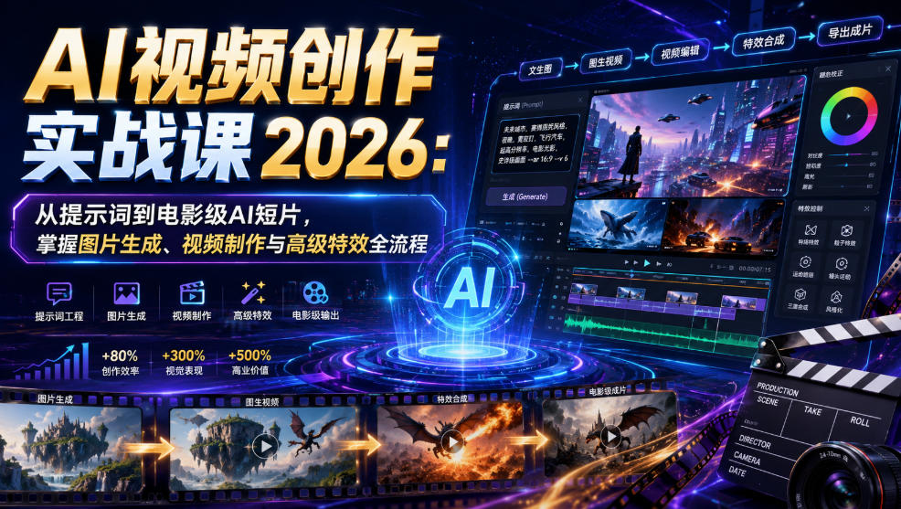 AI视频创作实战课2026：从提示词到电影级AI短片，掌握图片生成、视频制作与高级特效全流程-旺仔资源库